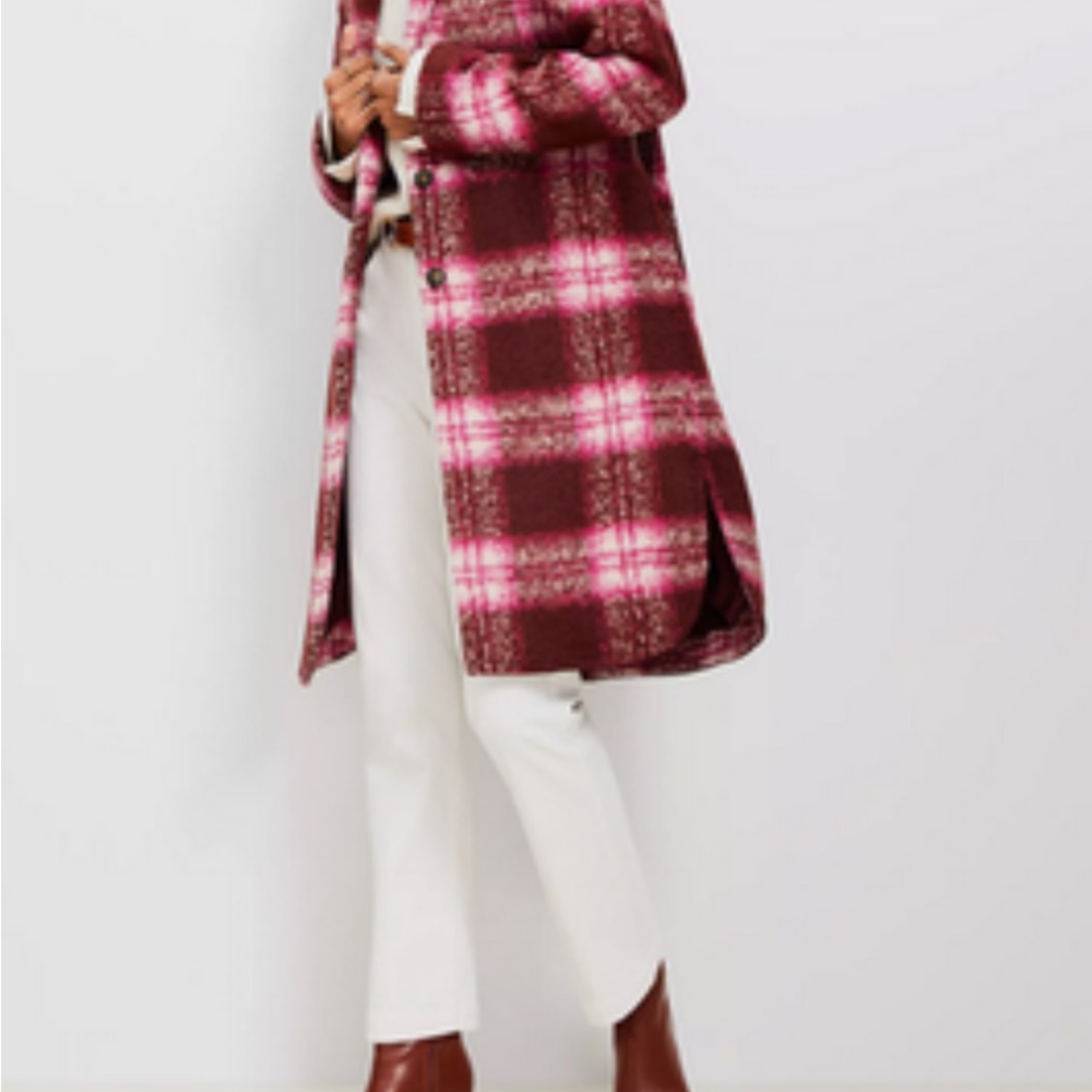 LOFT Burgundy and Pink Plaid Trench Coat